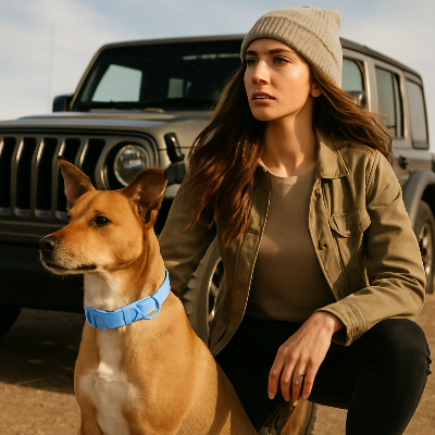 Collier chien bleu devant jeep