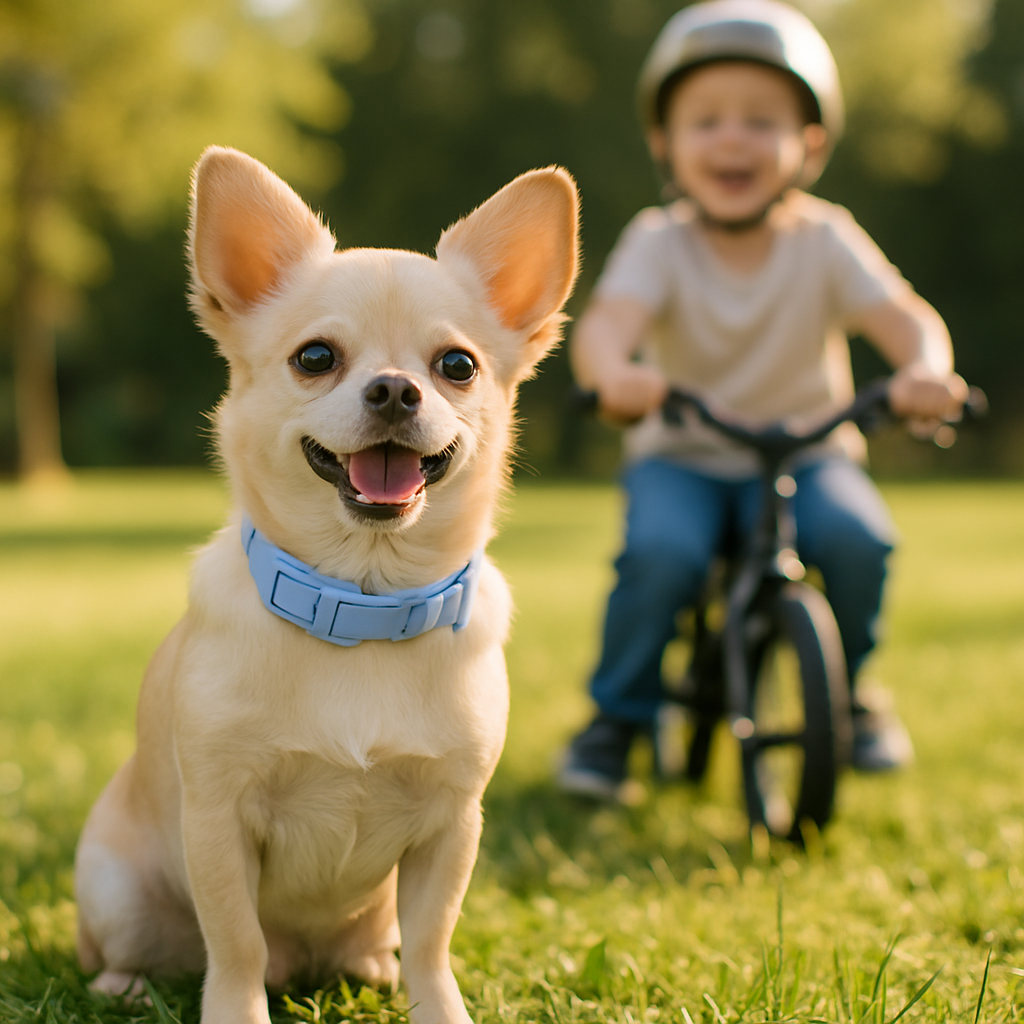 Collier chien bleu enfant velo