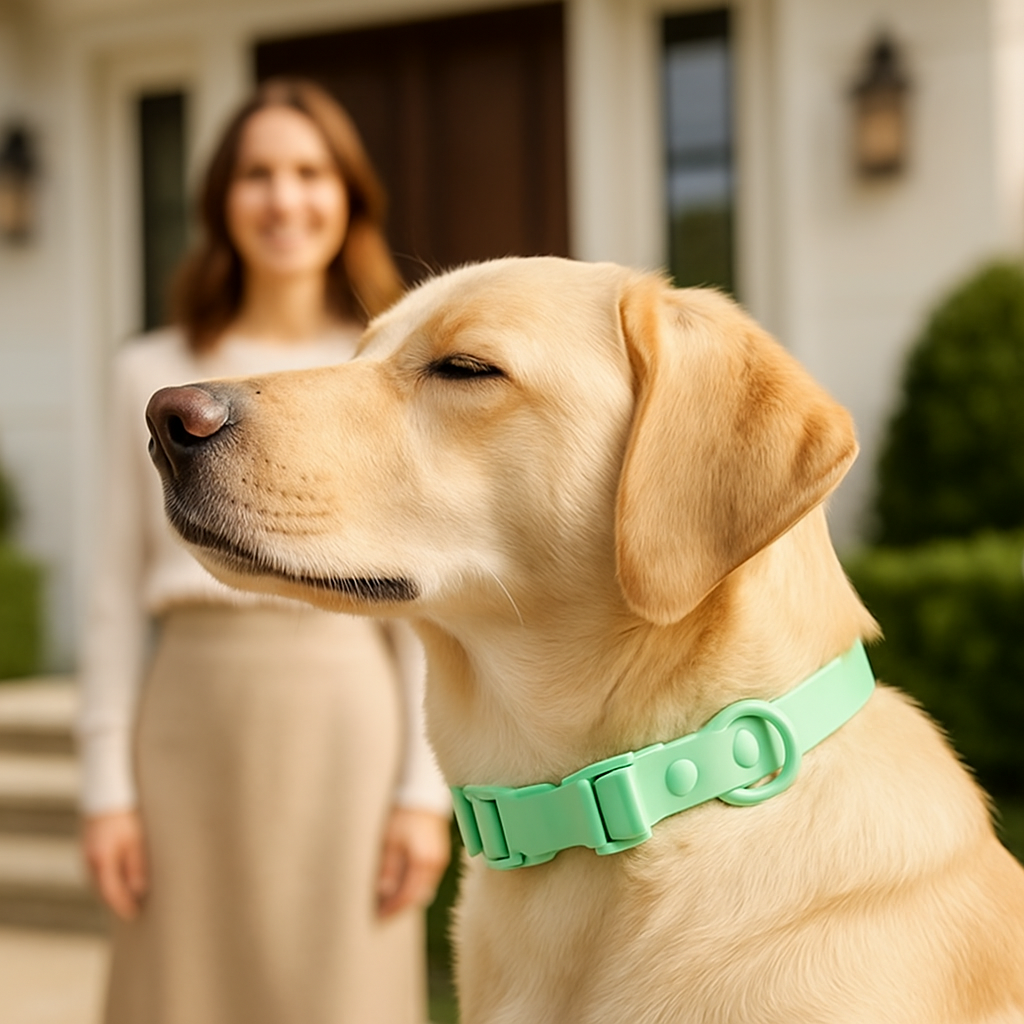 Collier chien impermeable devant maison maitre