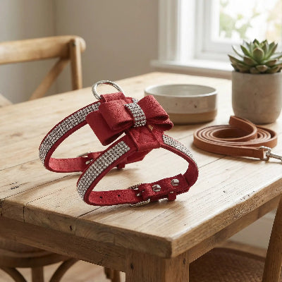 Harnais chiot rouge sur table cuisine pas loin fenetre