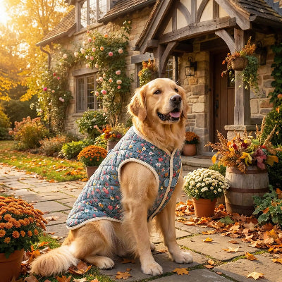 Manteau chien bleu devant une maison assis fleur