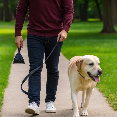 Sac a crotte eco Canin Resistant noir miatre balade avec son chien sac dans sa main