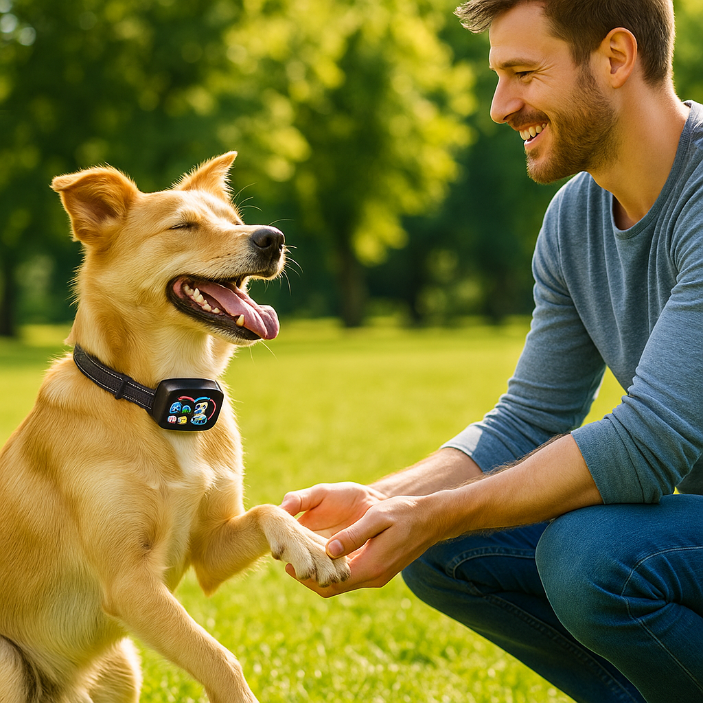 collier anti aboiement pour chien disposition maitre pelouse