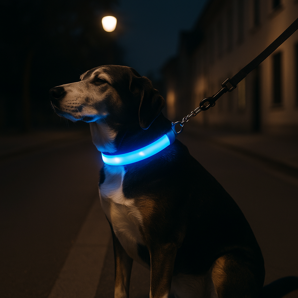 collier chien lumineux sensationnel bleu assis