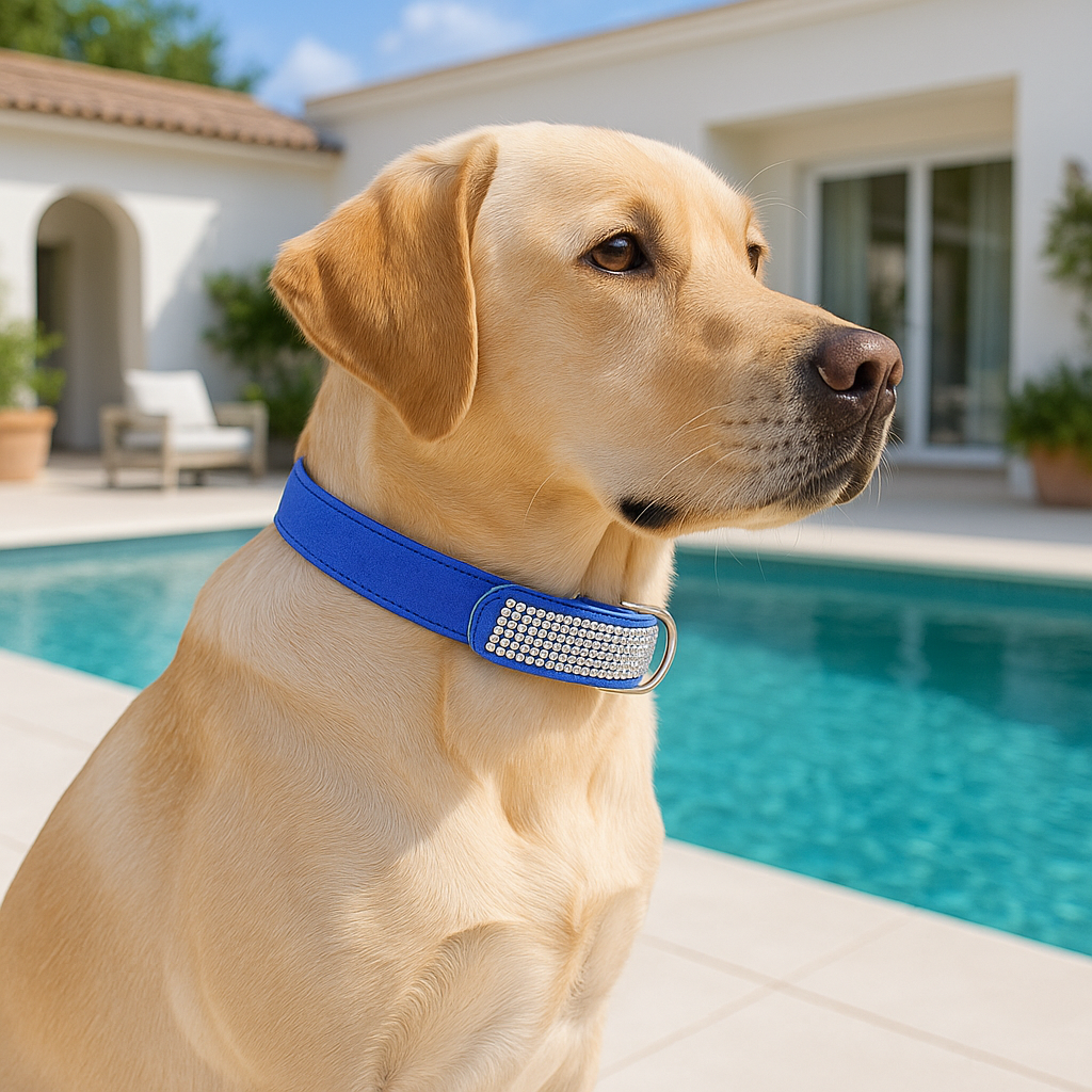 collier chien reflet lumineux bleu piscine maison
