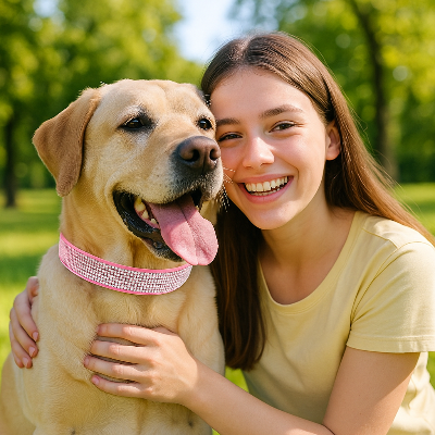 collier chien reflet lumineux bleu piscine maison