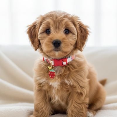 Collier chiot rouge fraise assis bien confortable sur une couverture