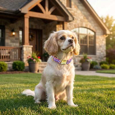 collier fluorescent chien assis devant une maison