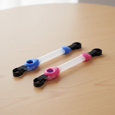 Collier fluorescent chien bleu et rose sur une table en bois
