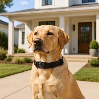 colliers pour chien noir assis devant une maison