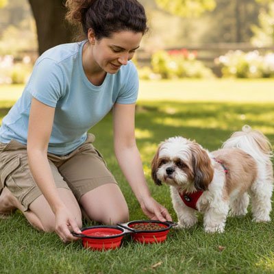 Gamelle Chien souple et résistant maßtre au parc avec son chien