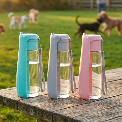 Gourde Chien résistant et sécuritaire bleu gris rose table sur parc