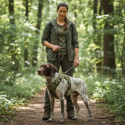 Harnais chien vert armee avec maitre dans une foret