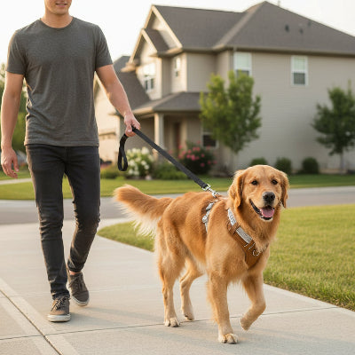 harnais pour chien marron devant maison promene par son maitre