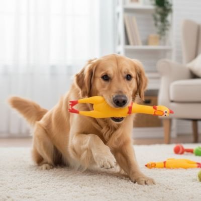 Jouet Chien dans la bouche dâun chien sur le tapis au salon
