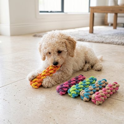 Jouet pour chien dans la bouche et à côté chien