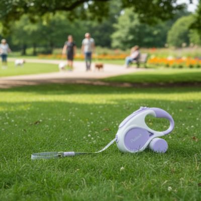 Laisse à enrouleur pour chien violet sur une pelouse au parc