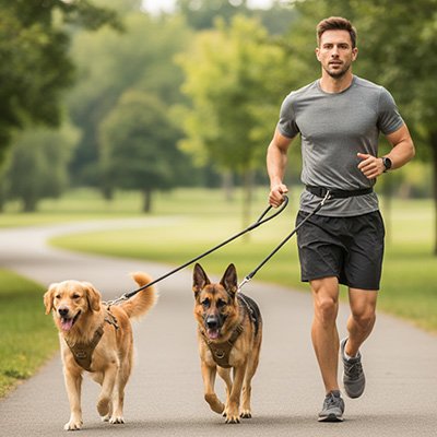 Laisse pour chien noir course deux avec maitre sur parc