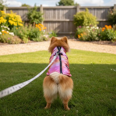manteau chien rose rouge dans une cour