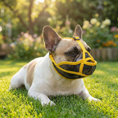 muselière bouledogue francais respirante jaune couche sur la pelouse