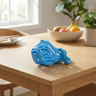 museliere pour chien bleu sur une table de cuisine