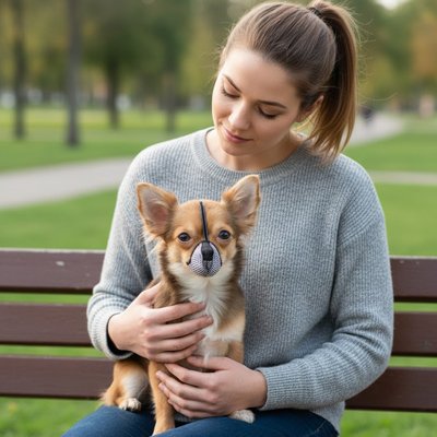 Muselière pour chien sur les jambe de son maitre au parc