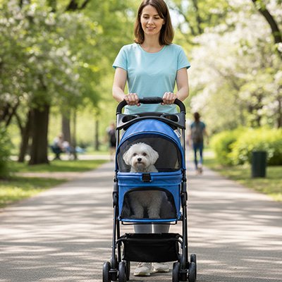 Poussette pour Chien promenade assuree maitre au parc avec son chien
