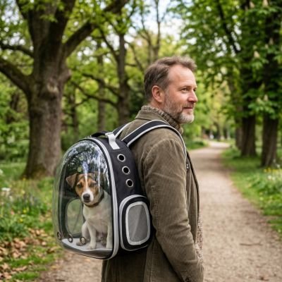 Sac a dos chiens sans couvercle balade avec son maître en balade