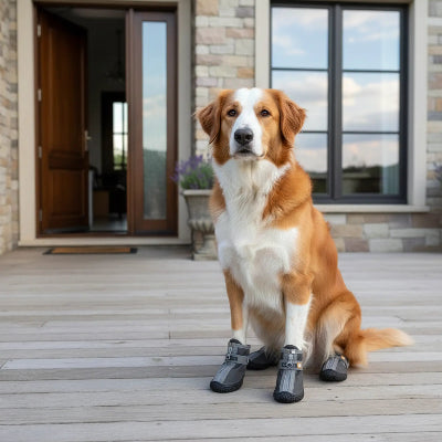 Chaussure chien noir assis devant maison confort