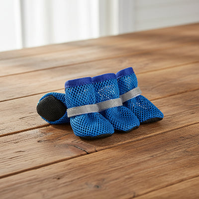 Chaussures chien bleu sur table en bois