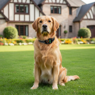 Collier anti aboiement pour chien intelligent chien assis devant maison