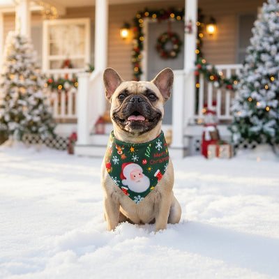 Collier bandana joie et bonheur petit chien assis devant la maison