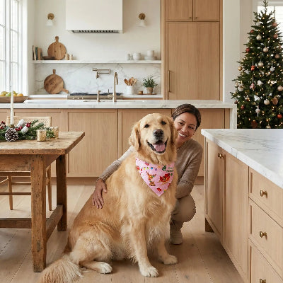 Collier bandana joie et bonheur rose dans la cuisine avec son maitre