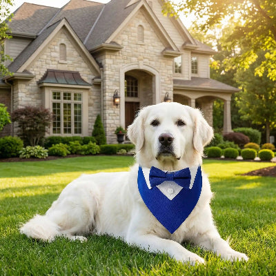 Collier bandana luminapet bleu chien couche devant une maison