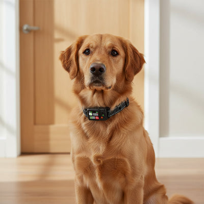 Collier connecte chien sans abonnement gps etrange IP67 chien assis devant une porte
