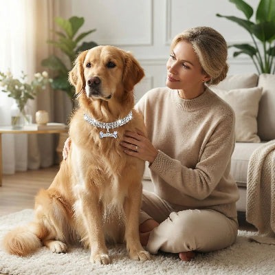 Collier fluorescent chien ajustable et durable argent chien assis devant son maitre au salon