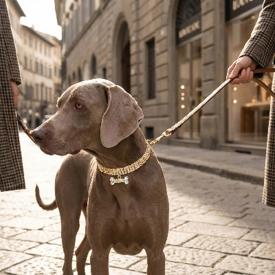 Collier fluorescent chien ajustable et durable or chien balade dans la rue a cote de son maitre