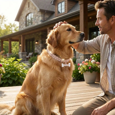 Collier fluorescent chien ajustable et durable or rose chien assis avec son maitre devant la maison