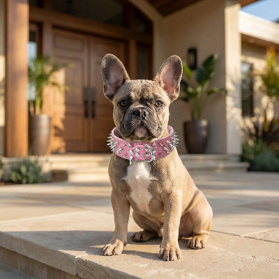 Collier fluorescent chien assis devant maison