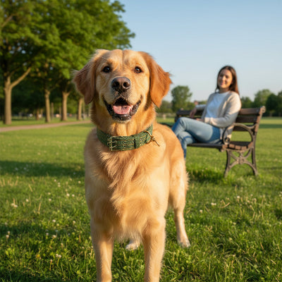Collier pour chien militaire tactical pro vert chien au parc maitre assis sur un banc