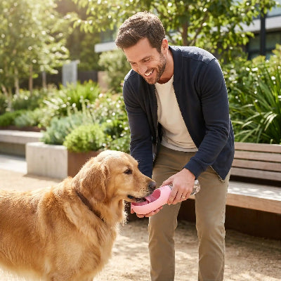 Gourde chien fiable et pratique rose chien et maitre au parc