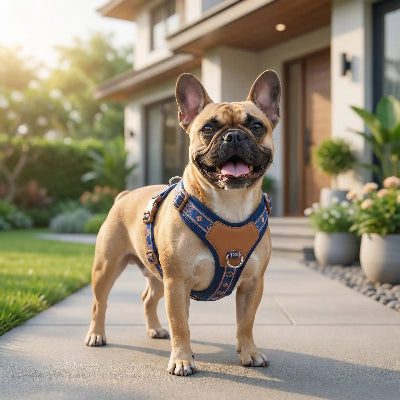 Harnais chien bleu devant une maison