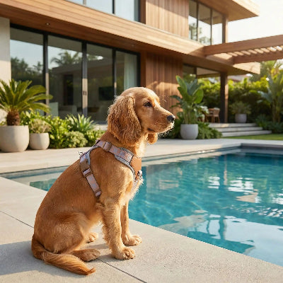 Harnais chien gris a cote une piscine en arriere maison