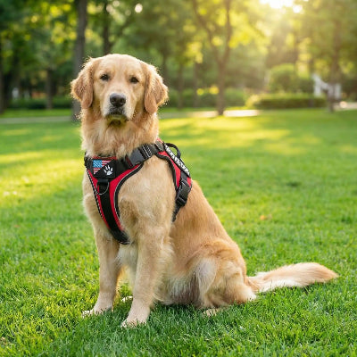 Harnais chien randonnée promenade securisante rouge sur la pelouse