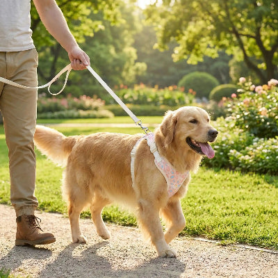 Harnais chien randonnee rose marche calmement avec son maitre