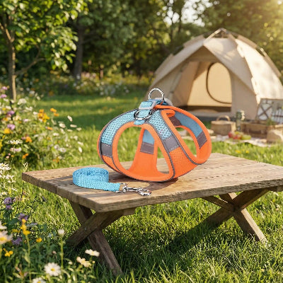 Harnais chiot bleu orange sur table camping