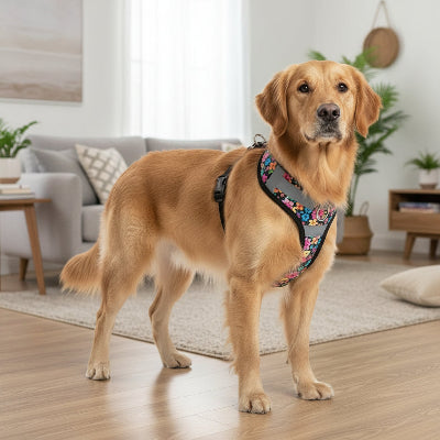 Harnais petit chien bleu profond dans un salon