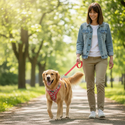 Harnais petit chien rouge marche avec son maitre parc