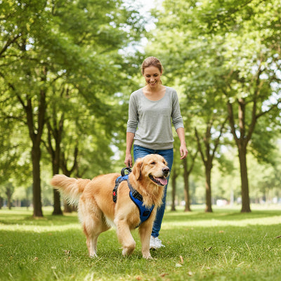 Harnais pour chien bleu marche sur parc avec son maitre