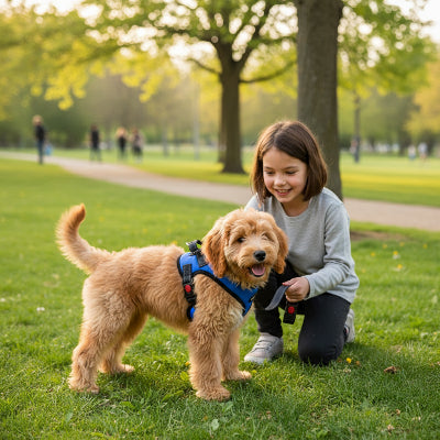 Harnais pour chien bleu sur un parc avec petite fille